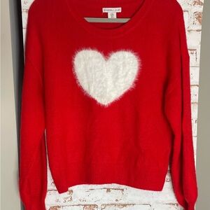 Sincerely Jules Red Crewneck Sweater with White Fuzzy Heart